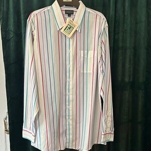 Vintage Sears White Button-Up Shirt with Multicolor Vertical Stripes